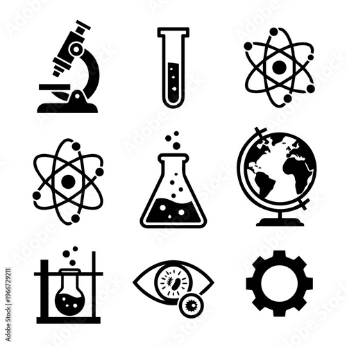 Collection of science and laboratory icons and symbols