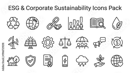 A comprehensive collection of outline icons representing environmental, social, and corporate governance principles for modern sustainable business practices.