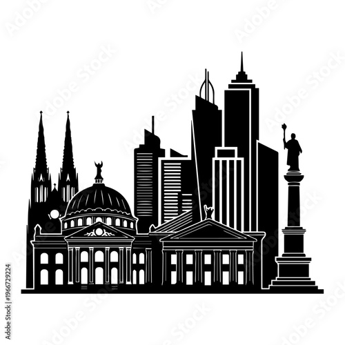 Abstract silhouette of diverse city landmarks showcasing urban architecture and historical monuments