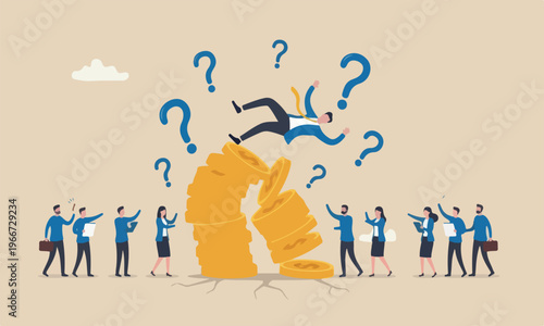Financial bankruptc, businessman investor falling from stack unstable money coins