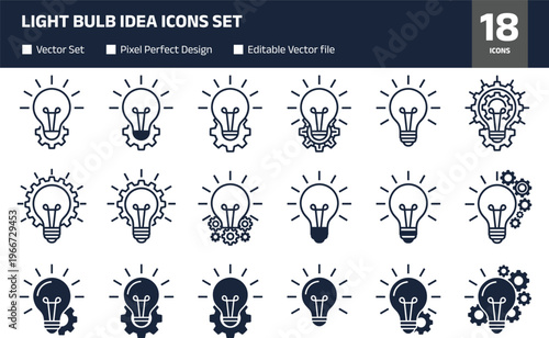Light bulb idea icons set, creative innovation symbols, energy, brainstorming and solution concept vector collection for business, technology and inspiration design