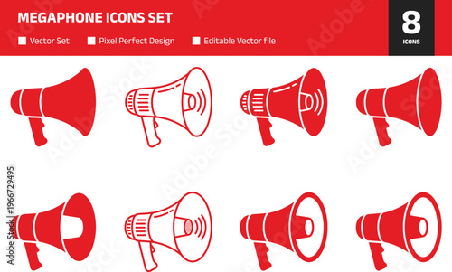 Megaphone icons set, loudspeaker announcement symbols, marketing promotion and communication vector collection, alert, broadcast, advertising elements isolated on white background