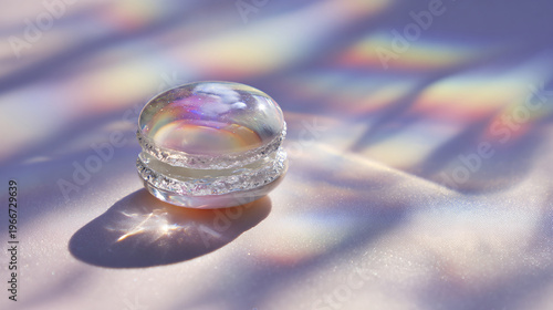 Crystal Glass Sphere with Rainbow Iridescent Light Reflections on Pastel Surface