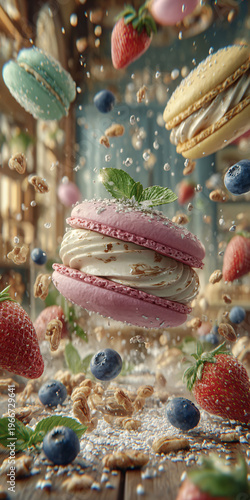 Colorful Macarons Floating with Strawberries and Blueberries in Fantasy Food Splash