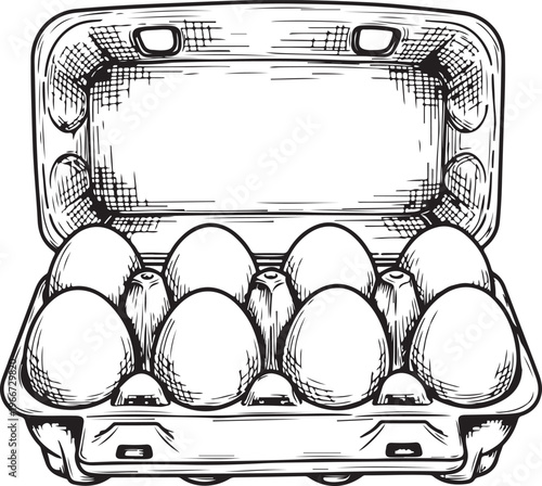 Hand drawn ink illustration of a full carton of ten eggs, with the lid open, ready for use