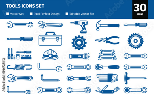 Tools icons set, hand tools collection, wrench, hammer, screwdriver, pliers and drill symbols vector for repair, construction, workshop and maintenance design