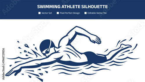 Swimming athlete silhouette, freestyle swimmer icon, water sport vector illustration for fitness, training, competition and aquatic activity design