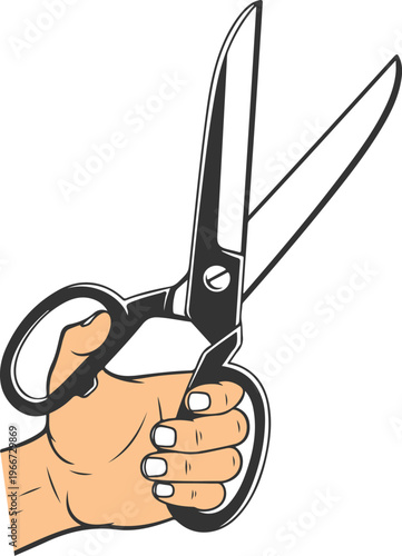 Illustration of human hand holding large black tailor scissors, ready for cutting fabric or paper