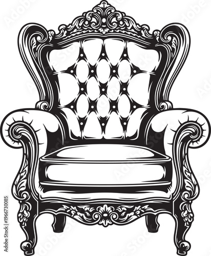 Ornate baroque armchair in black and white, vintage furniture design, detailed classic royalty luxury seat