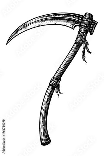 Detailed hand-drawn scythe illustration in a classic vintage engraving style, perfect for dark fantasy, Halloween, gothic themes, and medieval or harvest season designs. A stark black and white artist
