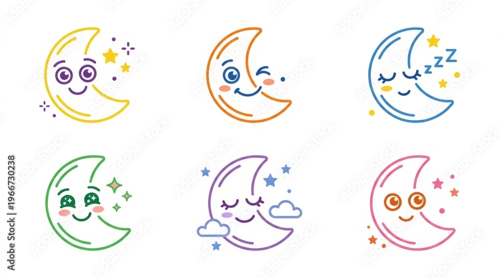 Fototapeta premium Adorable crescent moons with happy, sleepy, and winking expressions set against a white background.