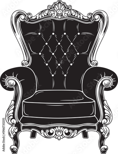Ornate baroque armchair in black, vintage furniture, detailed classic royalty luxury seating illustration
