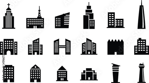 City skyline and landmark icons set featuring various urban buildings, monuments and architecture silhouettes, black vector collection for travel, tourism, and design projects