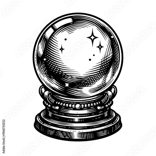 Mystical Crystal Ball Engraving, Ornate Woodcut Divination Sphere Artwork, Vintage Esoteric Fortune Teller's Prophecy Tool, Magical Future Vision Symbolism, Detailed Hand-Drawn Clairvoyance Illustrati