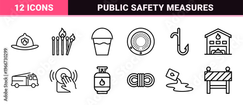 Fire Department and Emergency Response Minimalist Monoline Icons for Safety Planning and Hazard Prevention Information Design