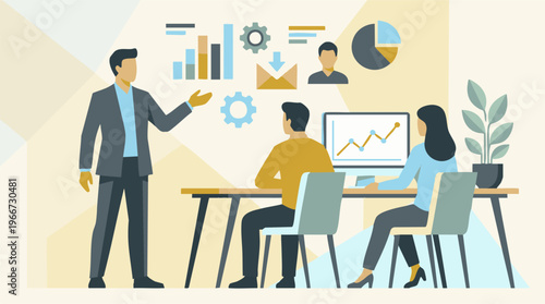 Business team meeting with data presentation and analysis in flat design