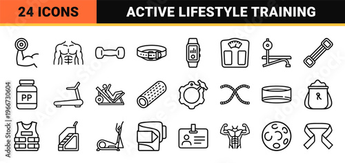 Professional Fitness and Bodybuilding Monoline Icon Set featuring Minimalist Geometric Line Art for Gym Equipment and Health Tracking