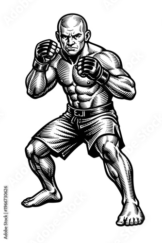 Powerful MMA Fighter in Aggressive Stance - Detailed Woodcut Style Illustration of a Muscular Martial Artist, Ready for Intense Combat Sports Action. Determined Expression, Perfect for Gym & Training