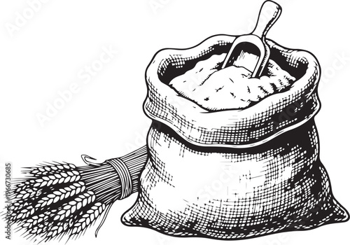 Sketch of burlap sack filled with flour and wheat stalks on transparent background