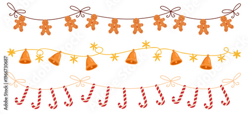 Christmas garland set with hanging gingerbread cookies, bells and candy canes. Festive home decor, cozy holiday vector illustration in Nordic style. Decorative elements for greeting cards, banners 