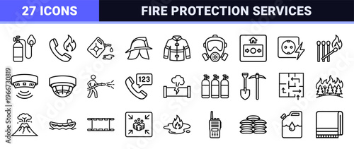 Fire Safety and Emergency Response Minimalist Monoline Outline Icons for Professional Protection and Disaster Management Systems