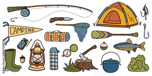 Fishing and camping gear set. Hand drawn doodle vintage vector illustration set. Tent, rod, lantern, salmon, axe, net, hook, lure and rubber boots icons