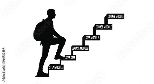Silhouette of young adult male traveler climbing up stairs with same world steps towards success and personal growth on white background