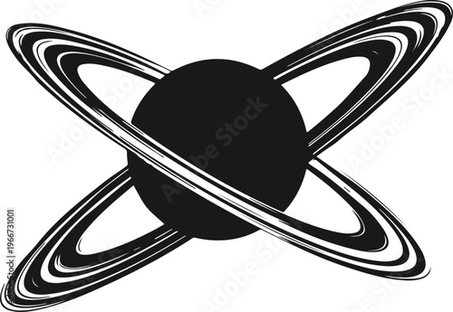 Stylized planet with multiple intersecting orbital rings showing cosmic movement and astronomical celestial body