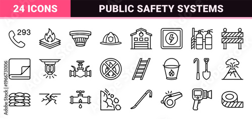 Fire Department and Emergency Response Minimalist Monoline Geometric Line Art for Public Safety and Disaster Prevention Signage