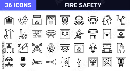 Emergency Fire Protection and Safety Equipment Line Icons. Minimalist Monoline Geometric Art for Industrial Prevention and Rescue.