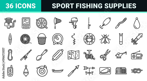 Professional Fishing Equipment and Marine Angling Gear Monoline Outline Icons for Commercial Web Interfaces and Outdoor Recreation Apps