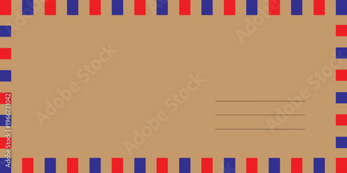 Airmail envelope frame with blue and red stripes on white background. International vintage letter border. Retro air mail postcard. Blank envelope.