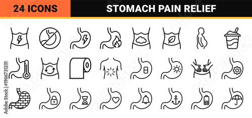 Digestive Health and Gastric Ailments Medical Line Art: Minimalist Monoline Icons Representing Stomach Pain, Bloating, and Wellness.