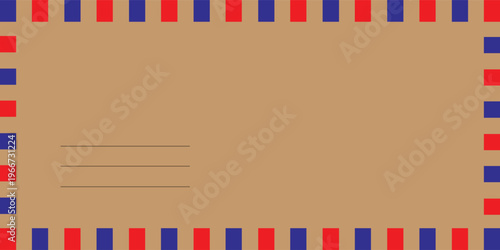 Airmail envelope frame with blue and red stripes on white background. International vintage letter border. Retro air mail postcard. Blank envelope.