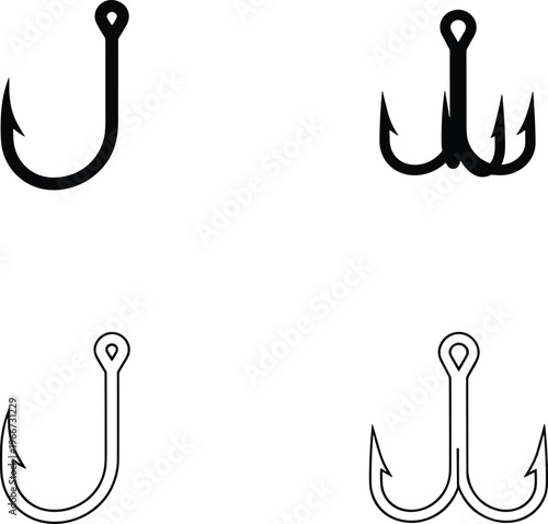 Fishing hook icons set featuring single and double hook silhouettes, black outline vector collection for angling, tackle design, marine, and outdoor sport branding
