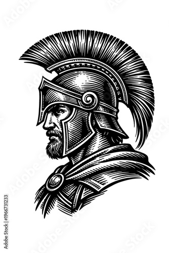 Powerful ancient warrior profile in a classic woodcut style, featuring a detailed plumed helmet and stoic bearded face, evoking Spartan strength and Roman heroism for historical, vintage, and mytholog