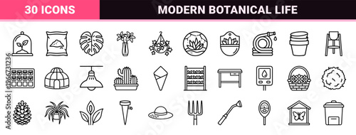 Minimalist Monoline Botanical Garden Icon Set Featuring Geometric Houseplants and Floristry Equipment for Modern UI Design