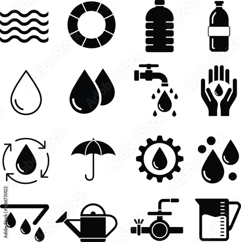 Water conservation and usage icons set featuring drops, taps, recycling, filtration and irrigation symbols, black silhouette vector collection for environmental, plumbing, and sustainability design