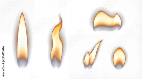 Obraz na plátně Collection of five realistic fire flames isolated on transparent background, glowing yellow-orange with blue bases