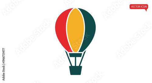 A colorful hot air balloon flies high in the sky with vibrant stripes.