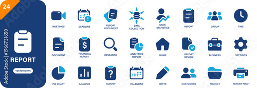 Report icon collection featuring report document, pie chart, survey, customers and user statistics symbols. Solid vector icons.