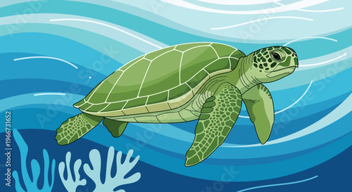 Green sea turtle swims through ocean waves with coral reef underwater.