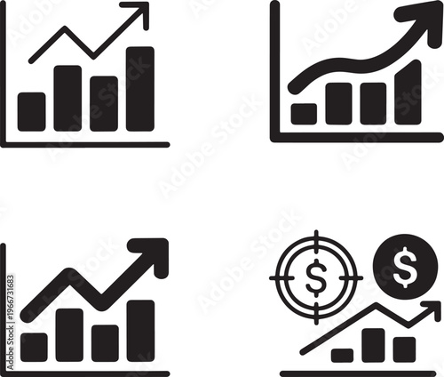 Financial growth icons, business chart symbols, stock market graphs, investment targets