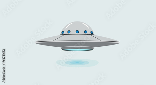 A spaceship hovers above the ground with a glowing blue light underneath it.