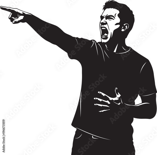 Energetic man in dynamic silhouette shouting and pointing with intense expression, conveying strong emotion, excitement, or humorous reaction