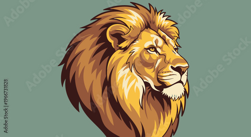 Majestic lion portrait illustration with detailed mane on green background