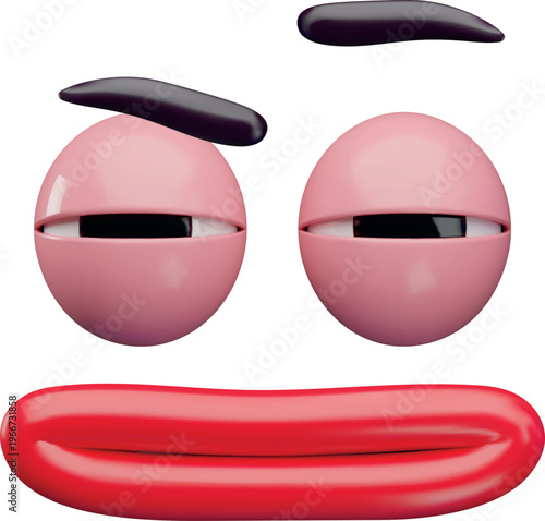 3D red mouth and eyes with half-closed eyelids and a displeased expression.