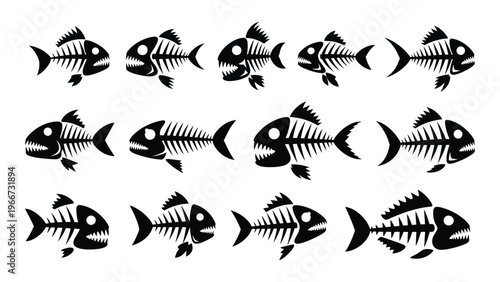 A collection of black fish skeletons in varying poses arranged in rows against a white background silhouette high quality professional detailed