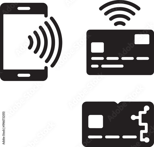 Mobile payment, wireless transaction, credit card icons, contactless symbols