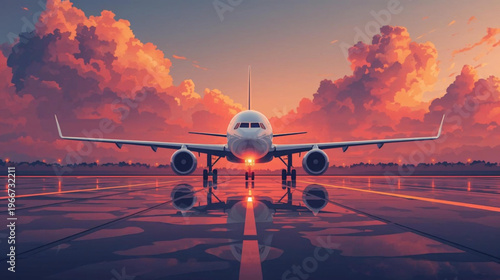 vector illustration of an airplane taking off from a wet airport tarmac at sunset. 